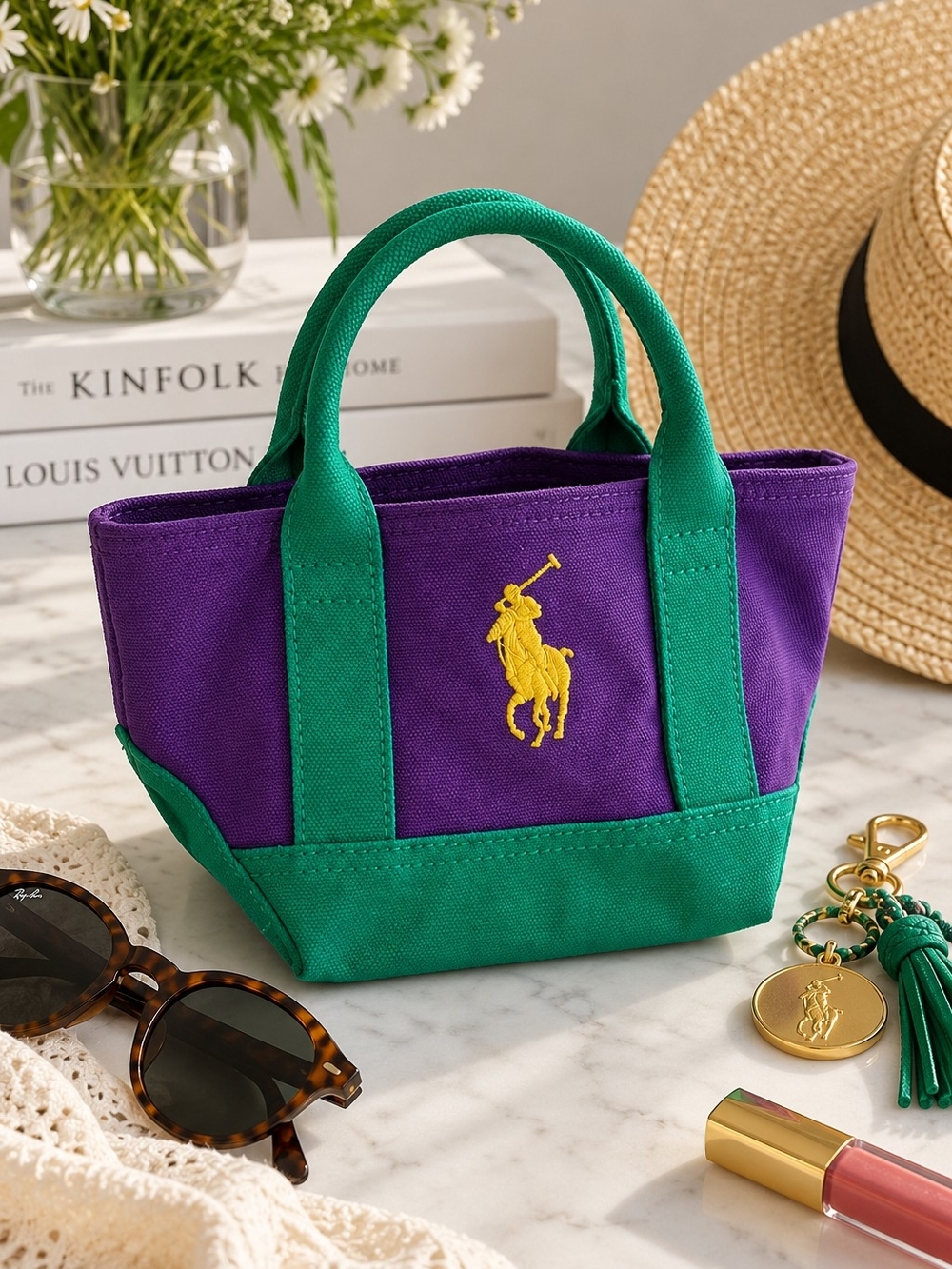 Polo Ralph Lauren Cotton Canvas Mini Tote Purple & Green NWOT